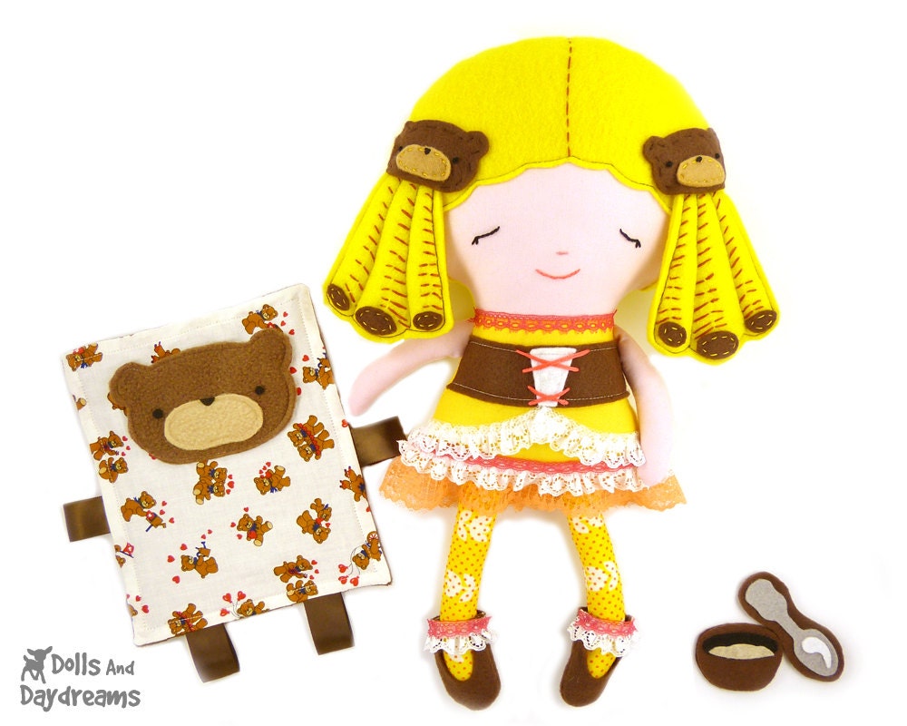 Goldilocks Sewing Pattern PDF Fairy Tale Doll - Teddy Bear Ribbon Tag Baby Blanket, Porridge and Spoon included