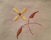 Vintage Card Table Size Square Table Cloth with 4 Napkins Linen with Yellow and Brown Flower Embrodery
