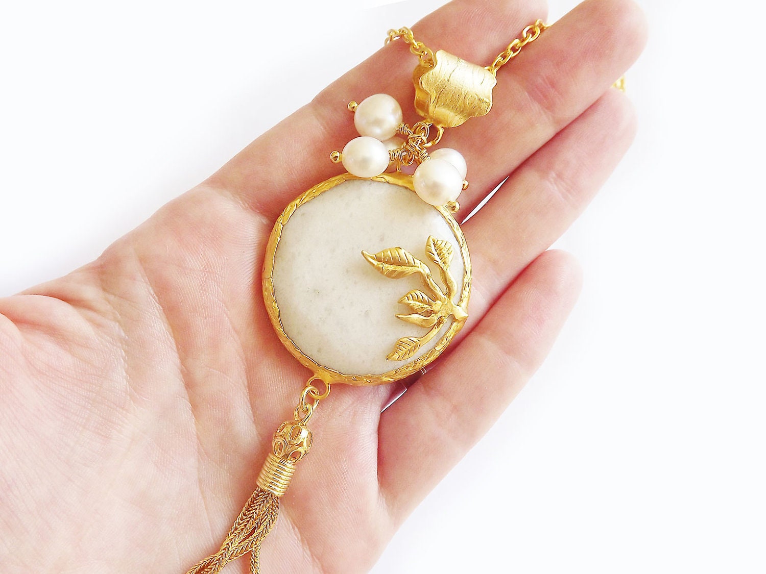 White Jade and Pearl Tassel Necklace  - 18 inch chain