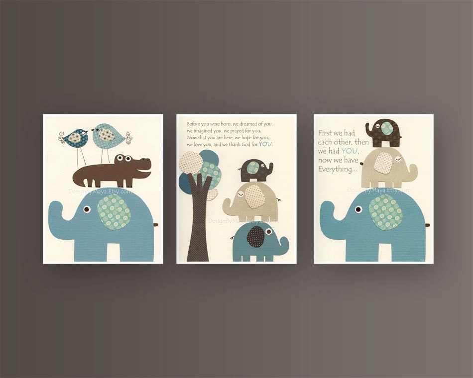 Baby boy room, Nursery print, Baby elephant, blue and brown, 3 prints 8x10, Match to the colors of Bradley by Pottery Barn Bedding Set