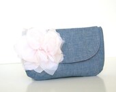 clutch purse in light denim with removable fabric flower brooch / bridesmaid / spring and summer fashion /  Mother's Day