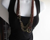 Braided Brown Recycled Leather Belt w Buckle and Brass Accents Necklace