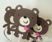 Brown Teddy Bear Cupcake Toppers - with pink heart - Tayler the Teddy Bear Collection