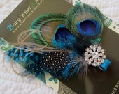 Peacock Feather Hair Clip, Baby Blue Feather Hair Clippies, Rhinestone Girls Barrette