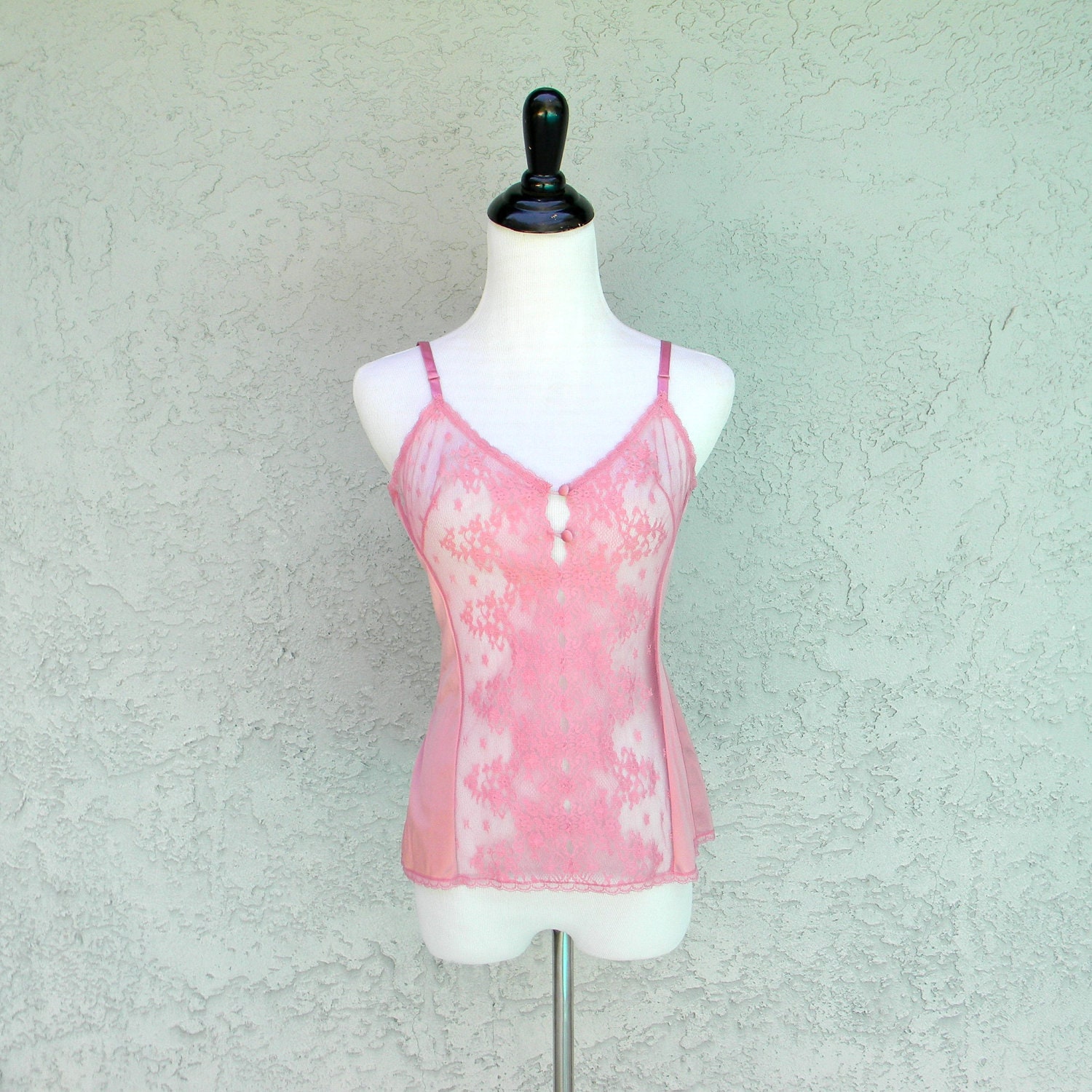 Vintage Lingerie Camisole Top - Vintage 80s Rose Pink Lace Corset Style Pinup Camisole/Tank Top by Vanity Fair - Small/s Bust 34 Size 3/4
