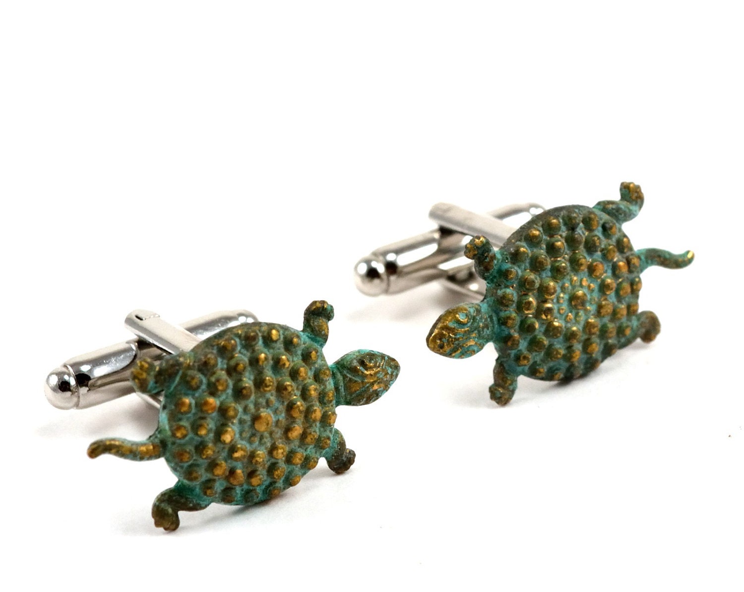 Turtle Cufflinks, Steampunk Cuff Links, Green, Whimsical cufflinks, Verdigris Turtles