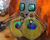 Green Crinkle Dichroic Glass Green Bead and Peacock Feather Earrings