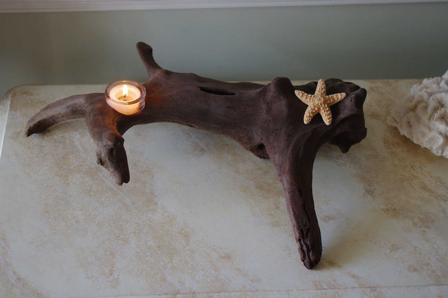 Driftwood Votive Candle Holder with Starfish