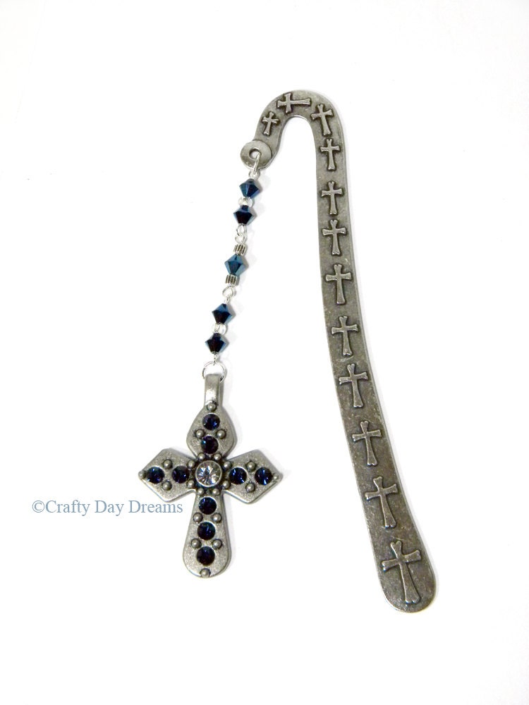 Dark Blue Crystal Pewter Cross Shepards Hook Bookmark