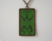 Stylized Bug Pendant Leather and Metal Bezel Rubber Stamped Necklace Emerald Green - OohLookItsARabbit