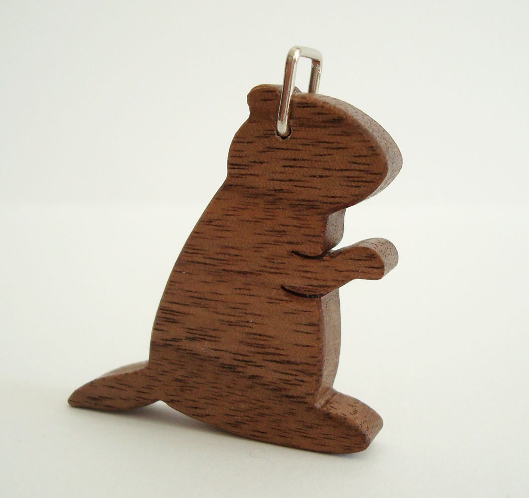 Groundhog Necklace Woodchuck Walnut Hand Cut Wood Animal Pendant Scroll Saw