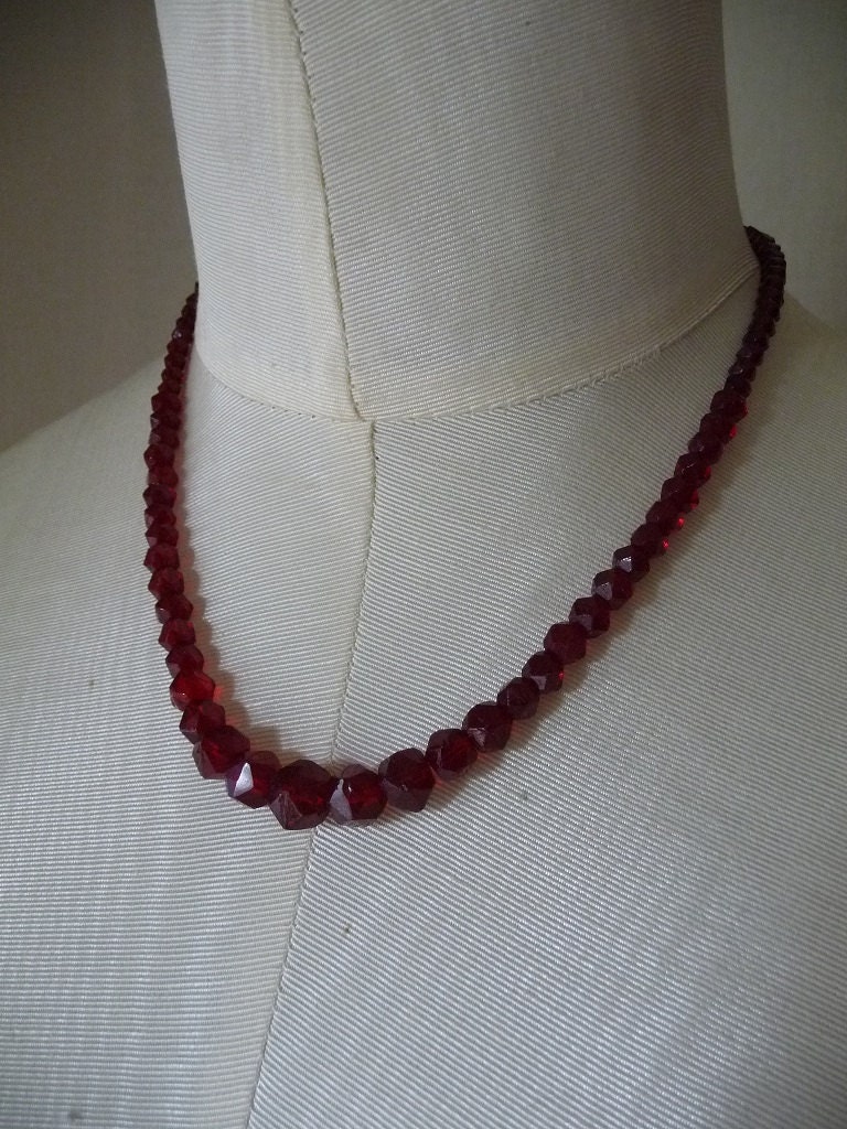Antique Red Faceted Czech Glass Bead Necklace