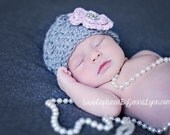 Newborn Baby Hat in Grey and Pink with Rhinestone Button