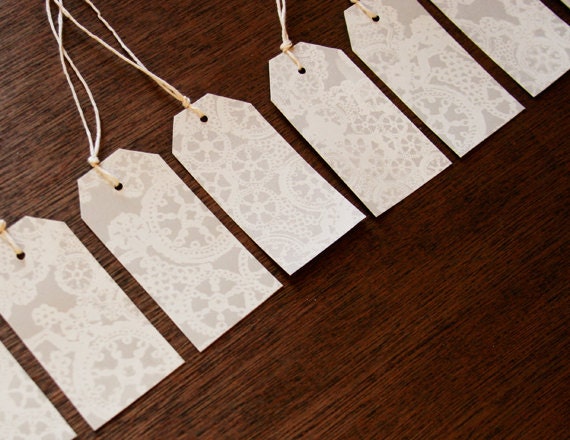 Bridal Lace Gift tags grey, handmade, screen printed, doily, pack of 10 tags
