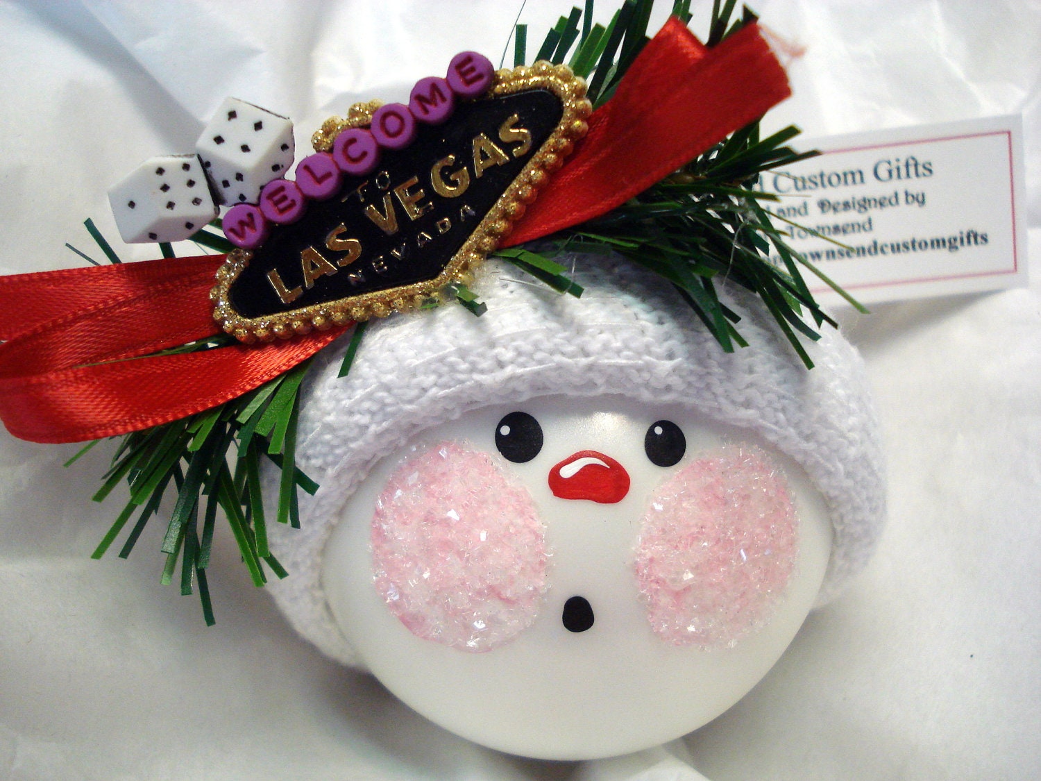 Las Vegas Snowman Ornament Christmas Tree Bulb Hand Painted Glass Snowball Face Personalized