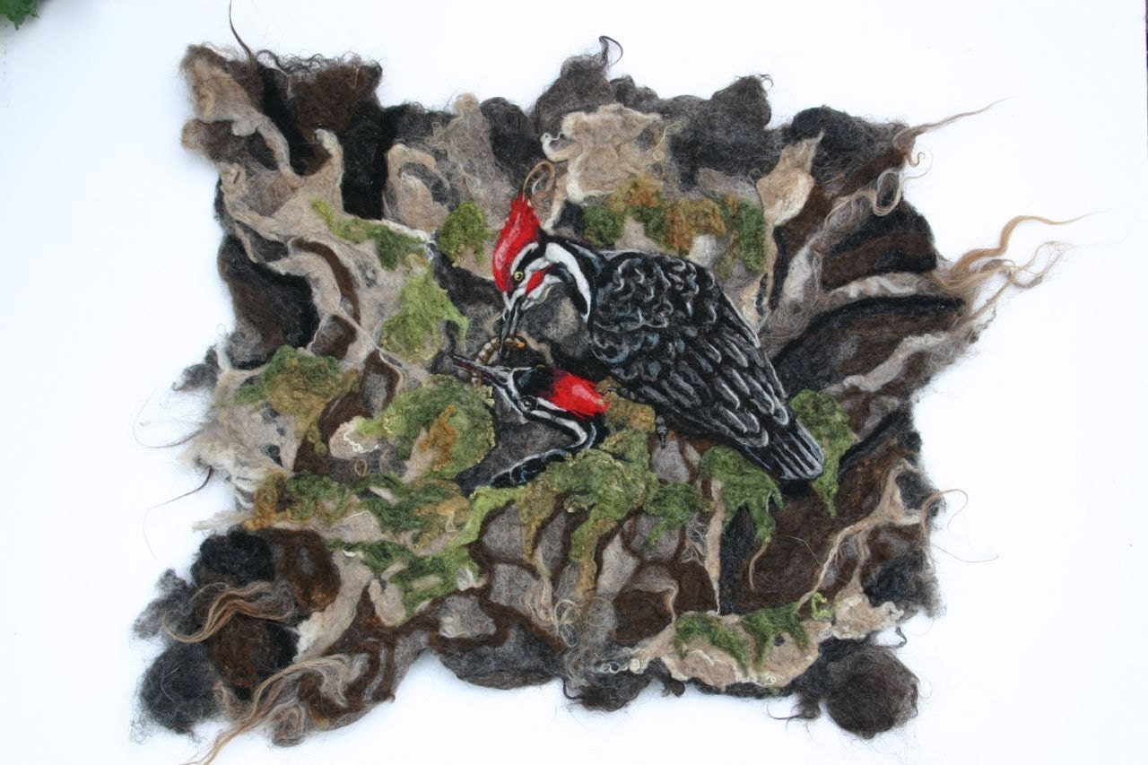 Felt Wall Hanging  Needlefelt Art Pileated Woodpeckers Mossy Old Tree