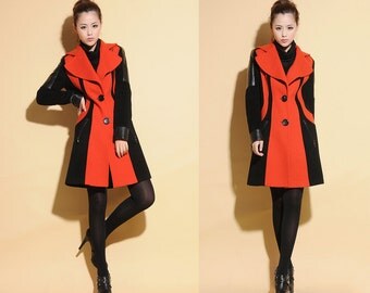 Contrast Color  Pure Wool Coat with  Leather Details/ 10 Color Schemes