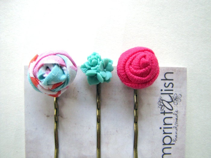 Hair Pin Set/Bobby Pins/3 Piece Gift Set-Funky Combination of Turquoise & Hot Pinks-Antique Bronze