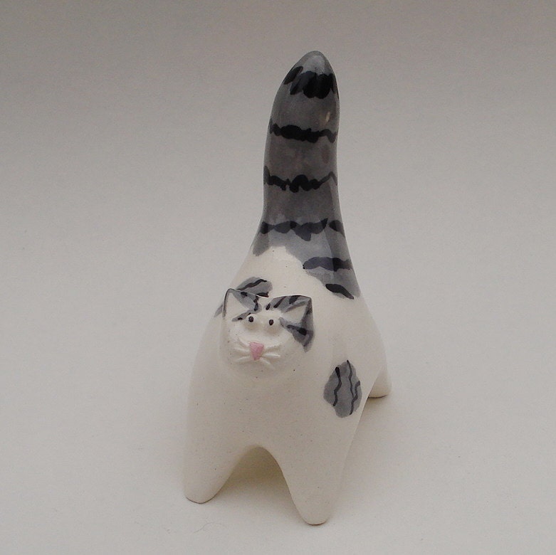 gray and white tabby cat - ceramic mini sculpture