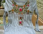 Long Sleeves Bohemian Embroidered Top - Cadet Blue