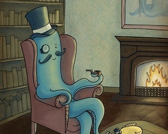 Mr Proper Illustration Print / Relaxing in the Library by Katie Adams