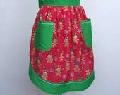Cute Christmas Retro Half Apron / Red and Green Gingerbread Man Womens Holiday Apron