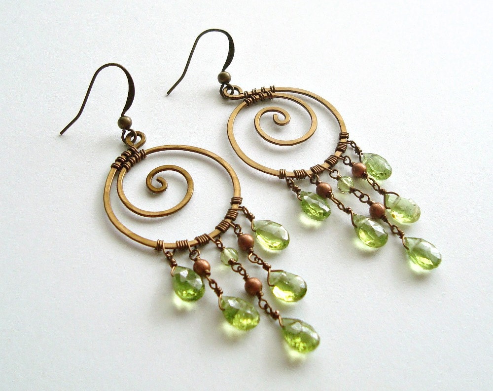Peridot Chandelier Earrings, Koru Earrings, Green Copper Swirl Earrings, Boho Hoops, Gypsy Chandeliers, Peridot Dangle Earrings