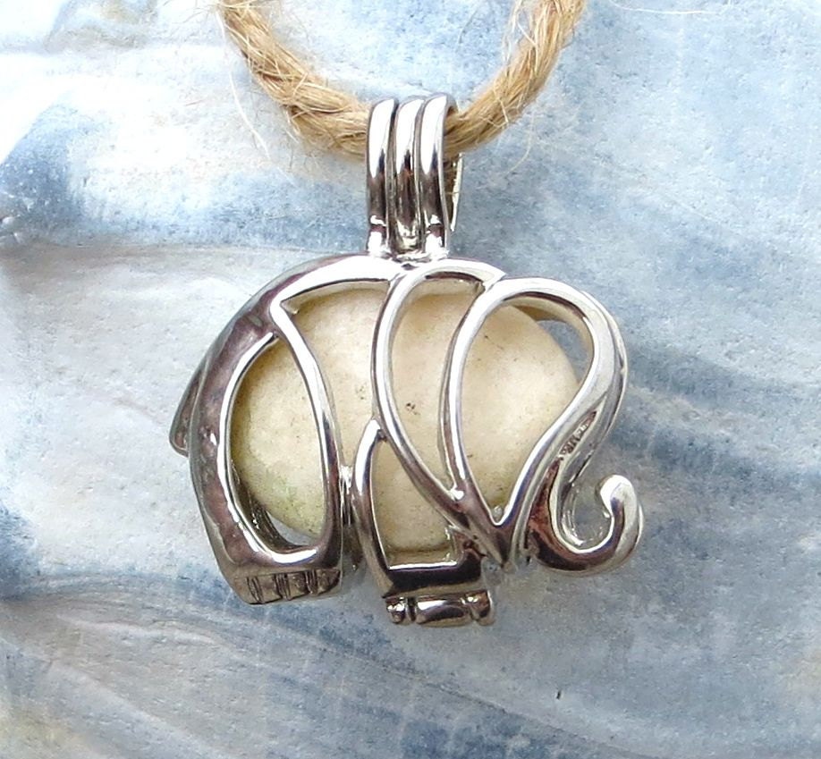 Silver Elephant  Beach Stone Locket Pendant Necklace Ivory White Silver