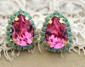 Turquoise pink Crystal big teardrop stud earring - 14k plated gold post earrings real pink and turquoise swarovski rhinestones .