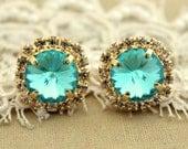 Crystal stud big Aqua blue earring - 14k plated gold post earrings real swarovski rhinestones .