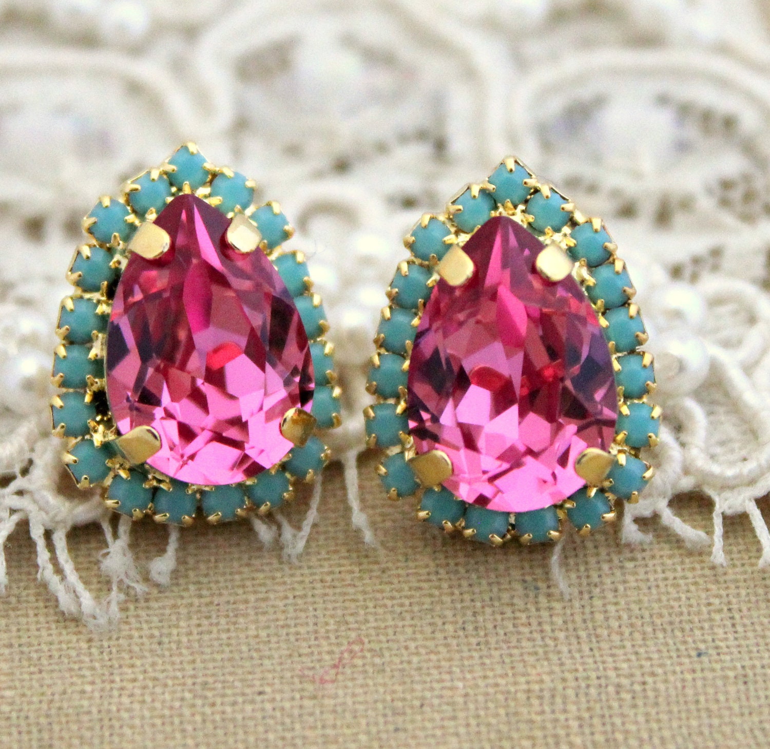 Turquoise pink Crystal big teardrop stud earring - 14k plated gold post earrings real pink and turquoise swarovski rhinestones .
