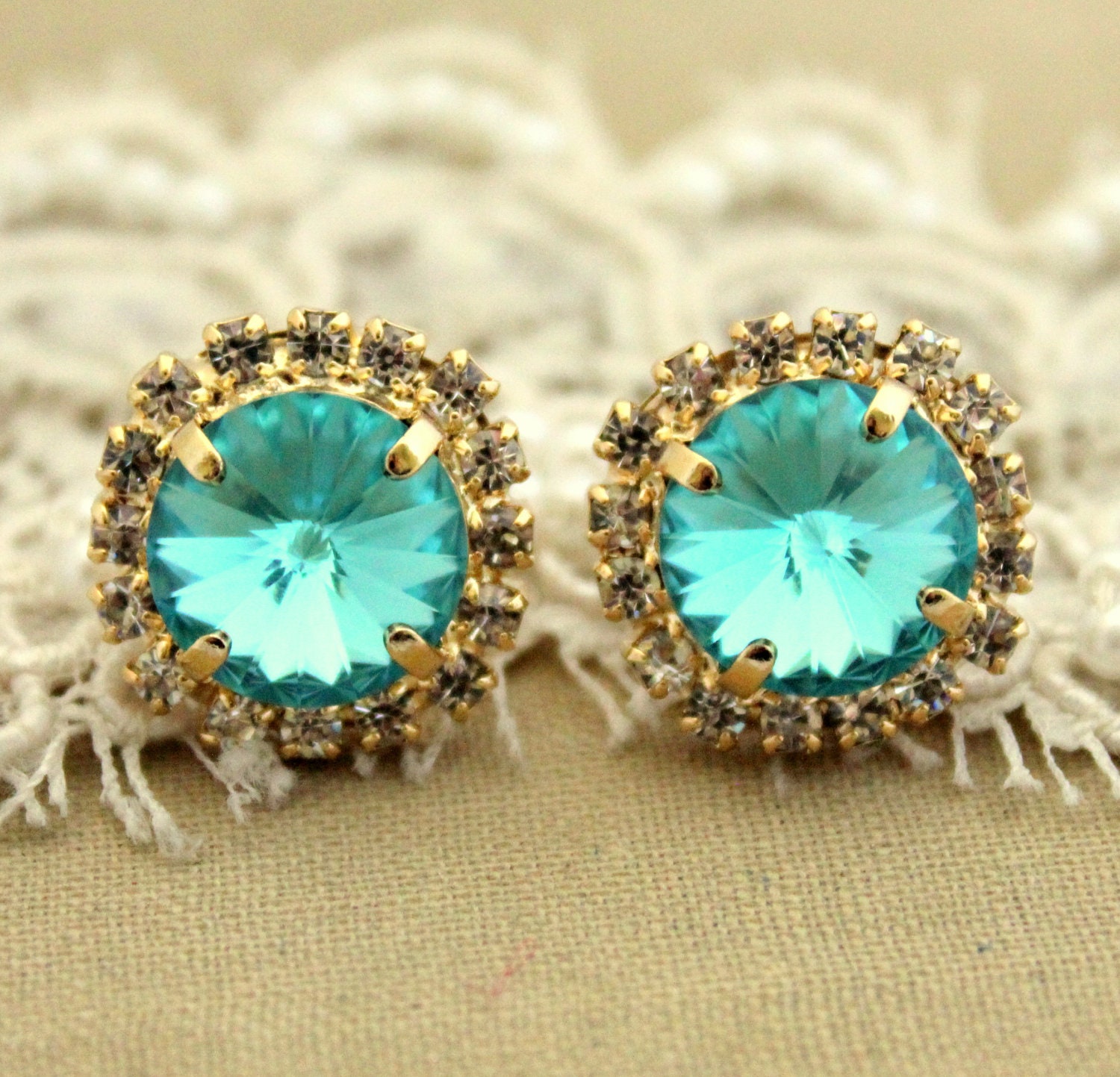 Crystal stud big Aqua blue earring - 14k plated gold post earrings real swarovski rhinestones .