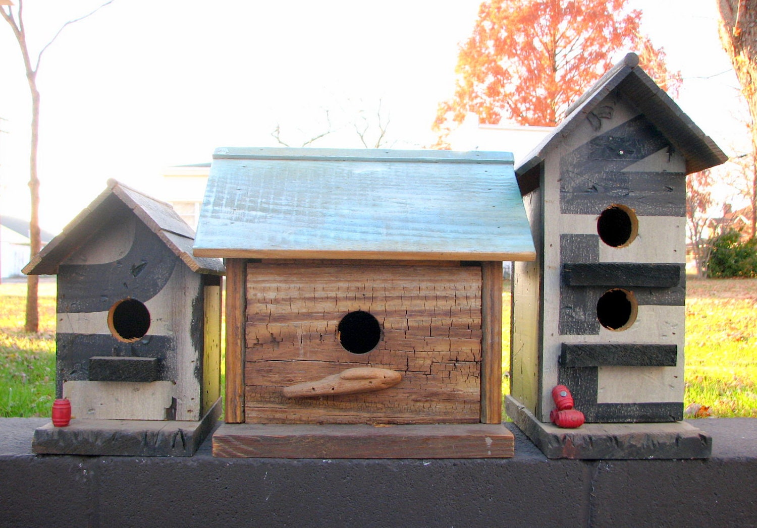 handmade double decker birdhouse from reclaimed vintage sign
