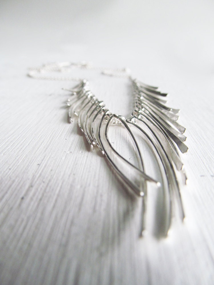 modern bib statement necklace - sterling silver needle leaf art necklace - sculptural pendant necklace - handmade by lolide