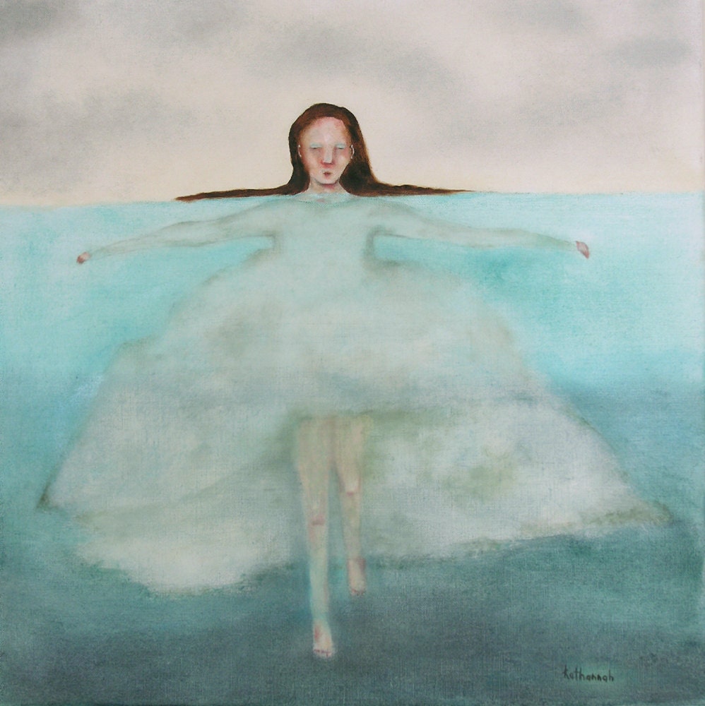 Digital print. figurative woman wall art aqua blue. "Saving Charlotte"