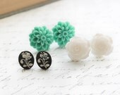 Flower Stud Earrings, Flower Cameo, Winter White Rose Post Earrings, Blue Green, Auqa Teal Dahlia, Resin Jewelry, Nickel Free