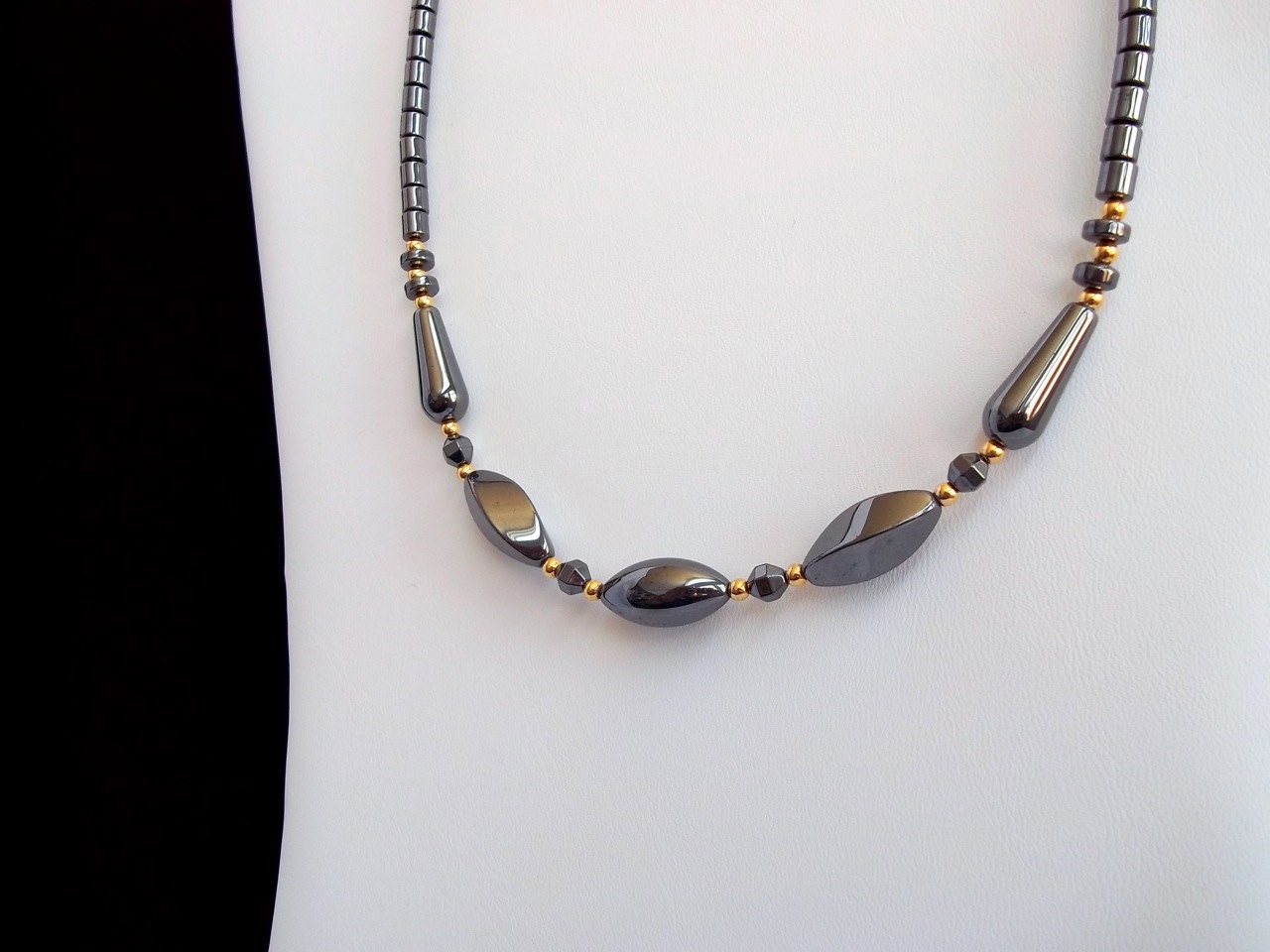 Vintage Grey Necklace, Teardrop Hematite Beaded Necklace, Vintage Gray Beaded Jewelry, Wedding Favor, Bridal Jewelry