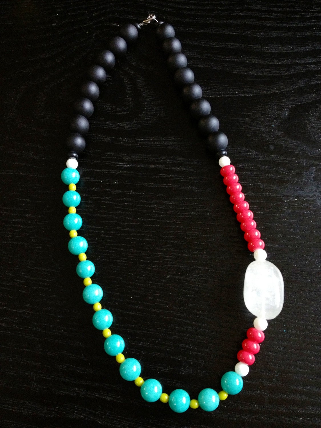 FREE SHIPPING: Turquoise, Apple Green, Hot Pink, White and Black Bead Statement Necklace