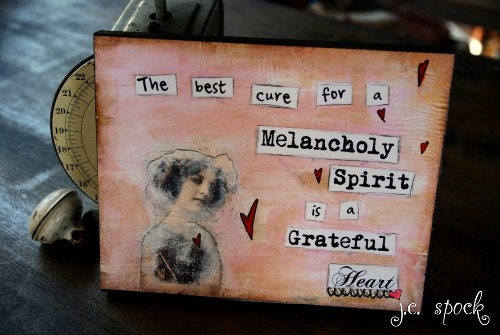 8x10 mounted print: Grateful Heart Typography, 8x10 mounted wood, mixed media art, inspirational art, folk art, whimsical art