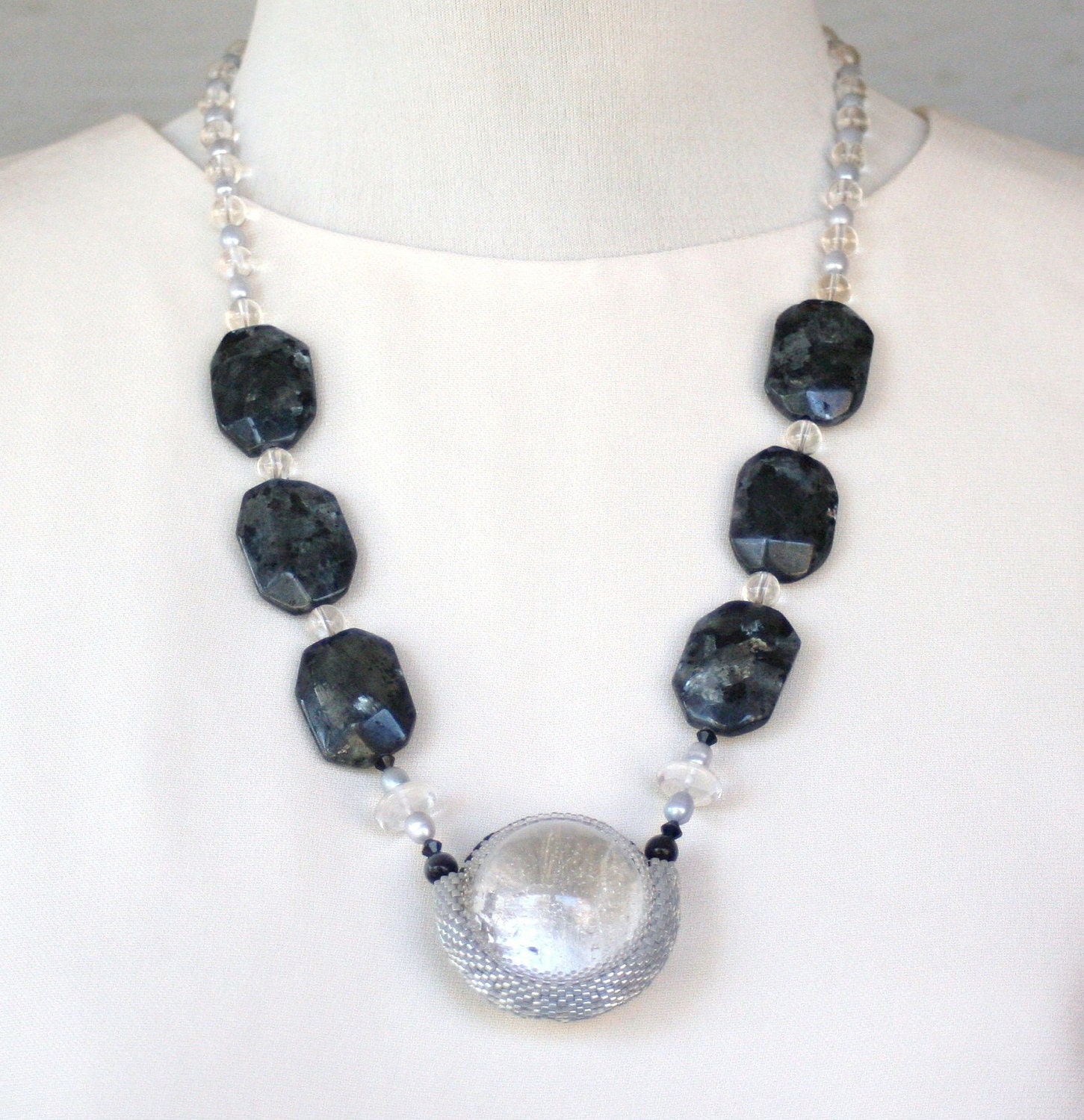 Crystal Quartz  Beadwork Sphere Necklace with Blue-flash Labradorite and Grey Pearls