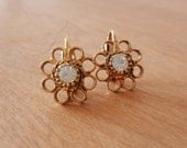 Vintage Rhinestone Earrings, Gold tone clip ons, Small Flower Shaped