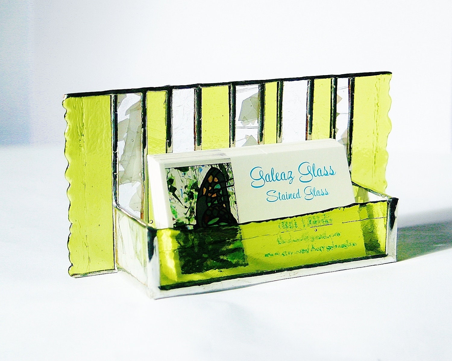 Stained Glass Modern Business Card Holder Lime Green White Clear Art Glass Home Office Contemporary Desk Accessory Handmade OOAK Striped