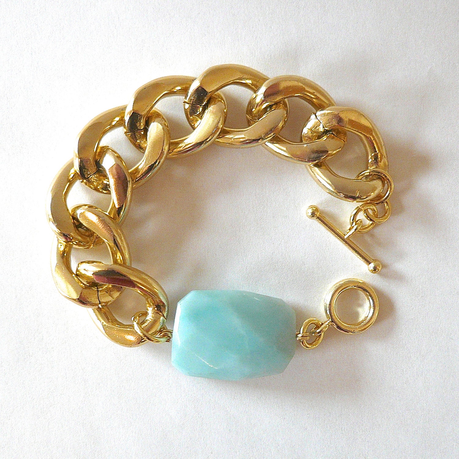 Chunky Gold Chain Link Bracelet With Faceted Mint Green Amazonite