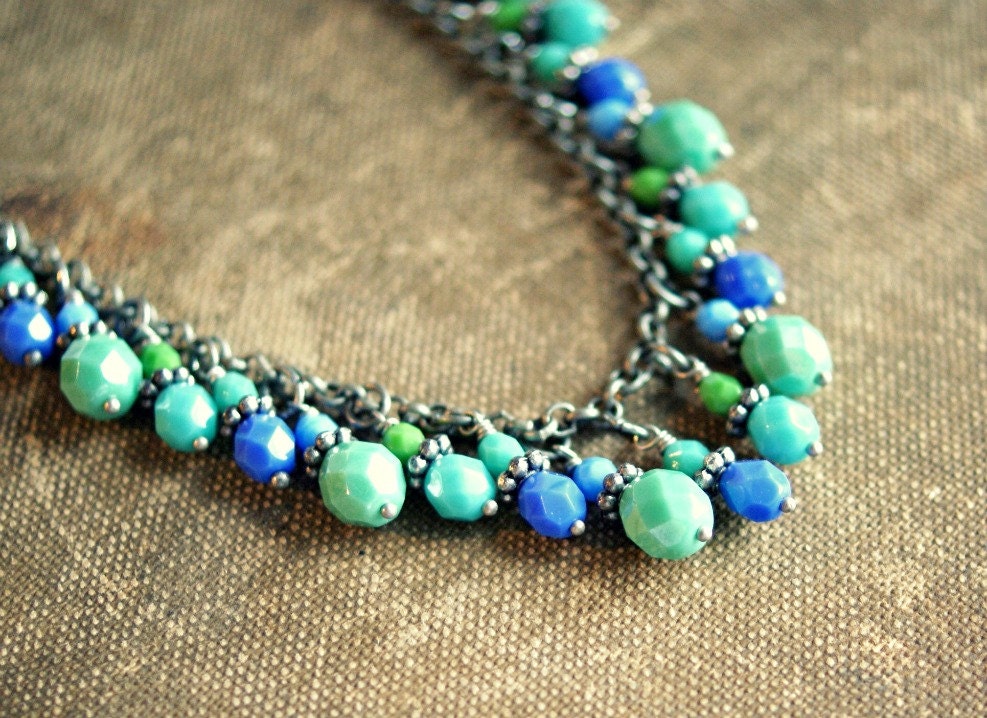 HOLIDAY SALE 15% off (see shop announcement) caterpillar girl rustic gunmetal blue green beaded necklace