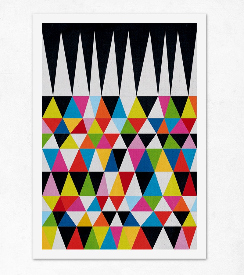 Triangles N.2. (colourful & black). Geometric large print (A3). (Special spring offer: Get a geometric poster for free)