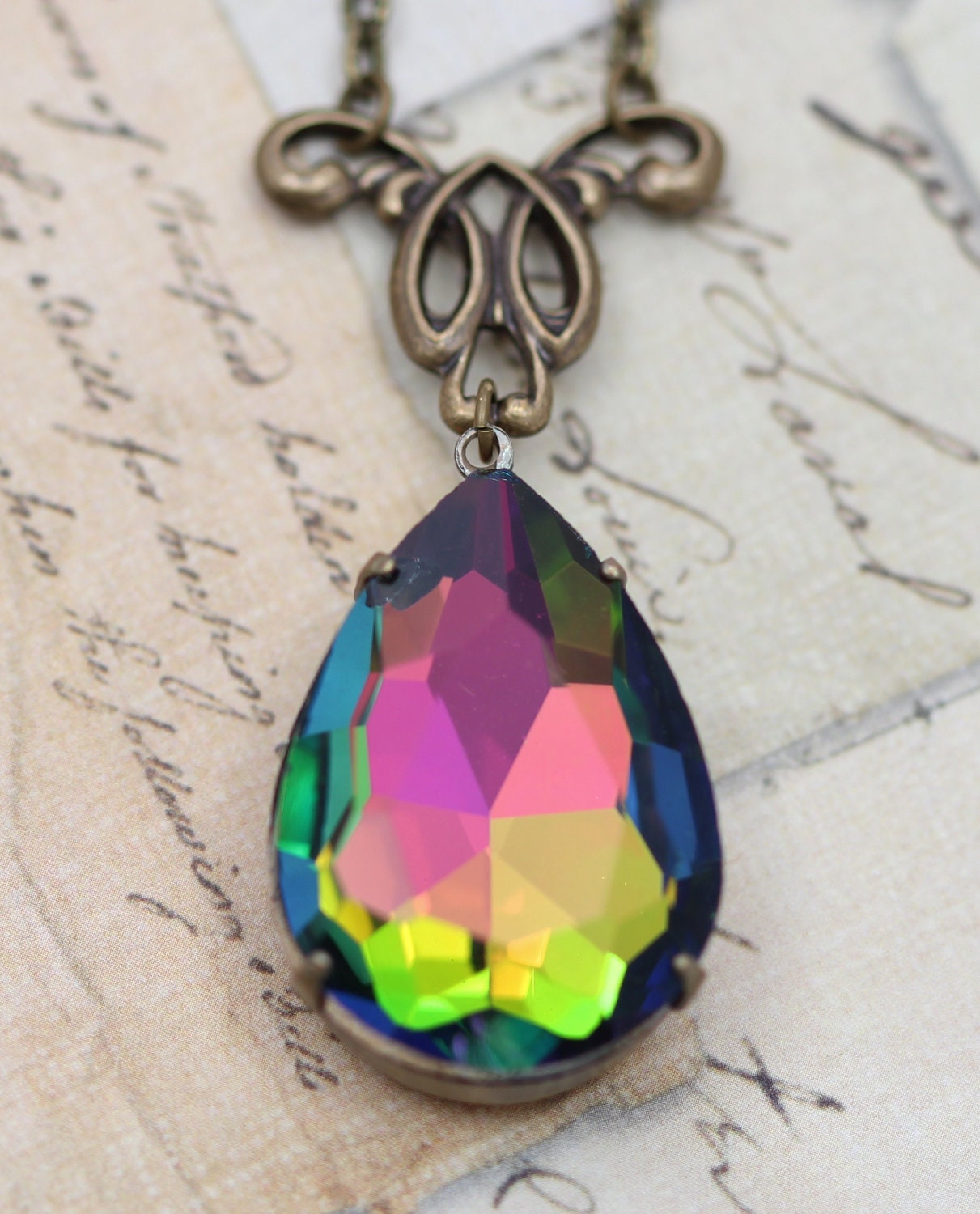 Vintage Vitrail Rainbow Jewel Necklace Multi-Color Large - 16" Victorian Antique Brass Detailed Focal - Handmade by Inspired by Elizabeth