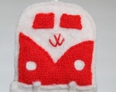 red VW bus ornament - recycled felted wool