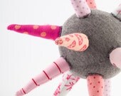 Teething Star - Ooak Sensory Ball - geometric Modern eco toy - gray ball Shades of pink, floral, polka dots and Stripes -timohandmade