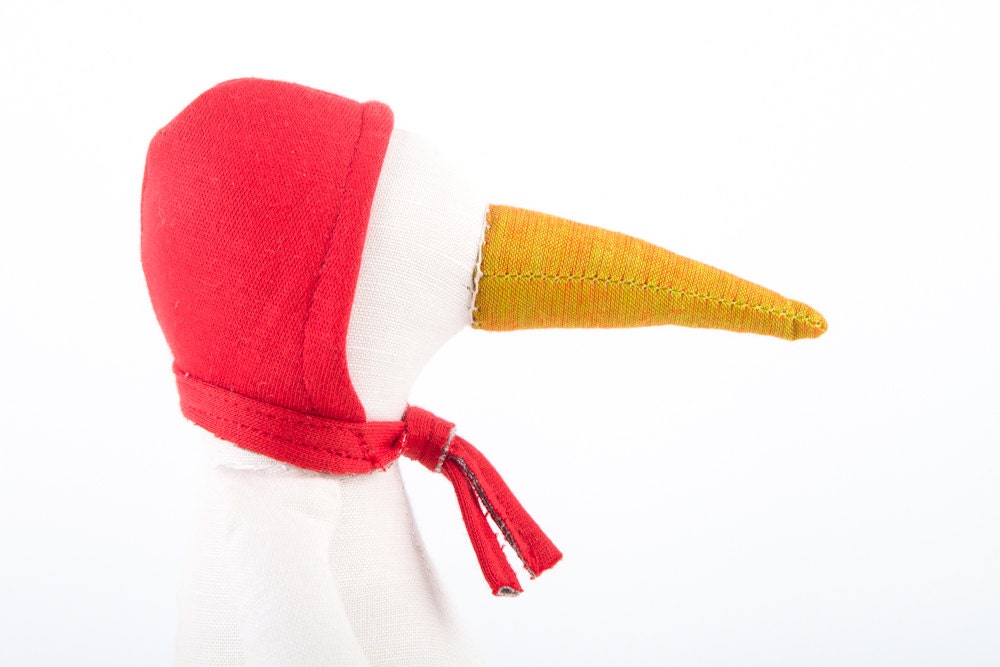 Baby bird Eco Friendly Toy , White chick in yellow beak wearing red Hood hat , colorful neon polka dots socks - handmade fabric doll