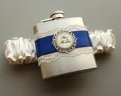 Personalized Satin & Lace FLASK GARTER -- Ivory and Royal Blue (Other Colors Available)